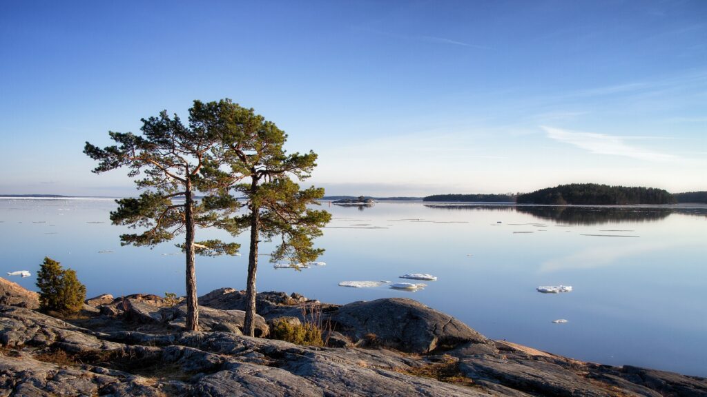 Bilden visar en skärgårdsö. Med Sjötransporter i Stockholms skärgård och båttransporter i Stockholm kan du få hjälp med allt från båttaxi till bojutläggning med kranbåt.