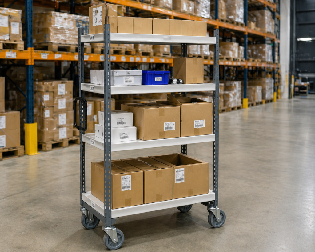 Bild på en mobil hyllvagn i lagermiljö
